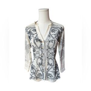Citron Santa Monica silk blouse black and Ivory Asian floral print lace XS